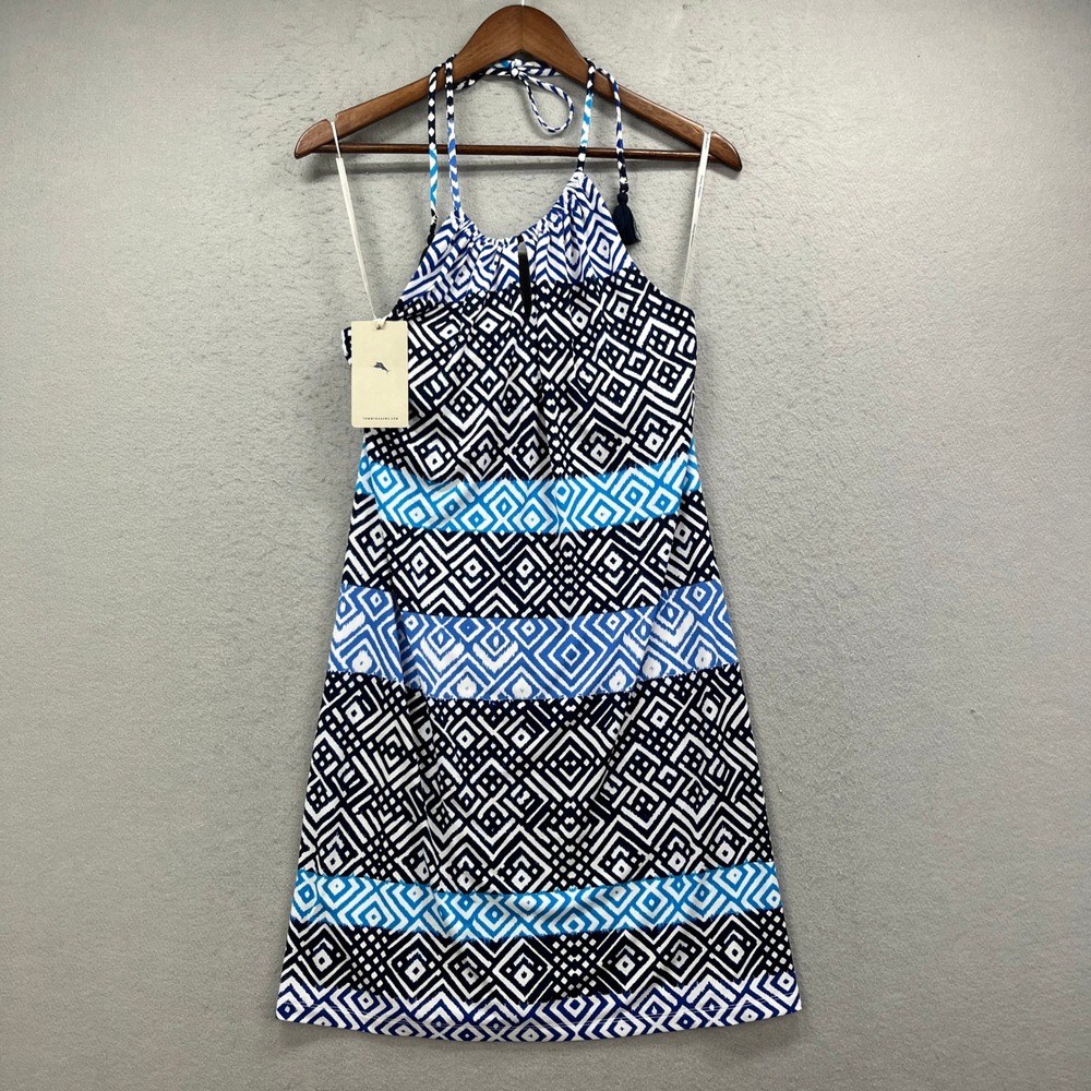 Tommy Bahama Mayan Maze Halter Dress Womens Small Blue Geometric Mini Vacation